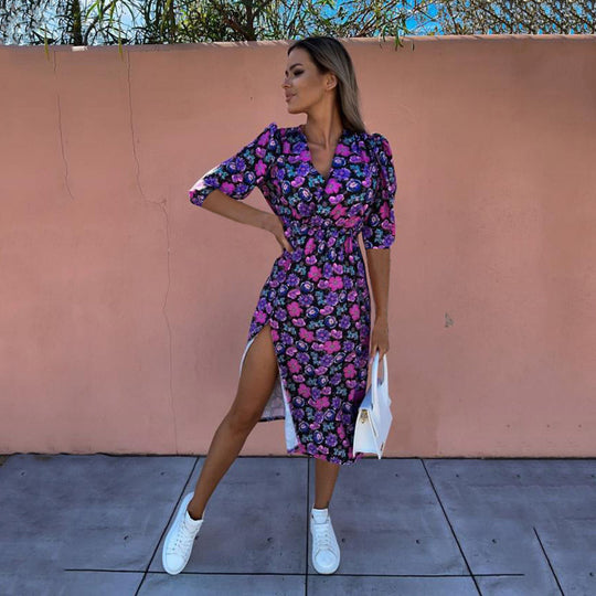 Heidi-Mode | Bedrucktes Taillenbetontes Mid-Ärmel Kleid