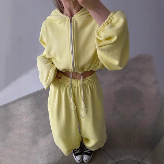 Damen Lässiger Cropped Hoodie mit hoher Taille und weitem Hosen Heidi-Mode