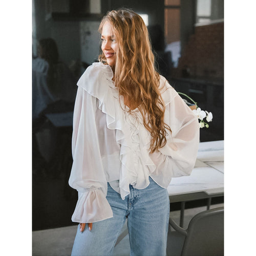 Damen Luftige Rüschenbluse aus Chiffon mit Oversize-Schnitten Heidi-Mode