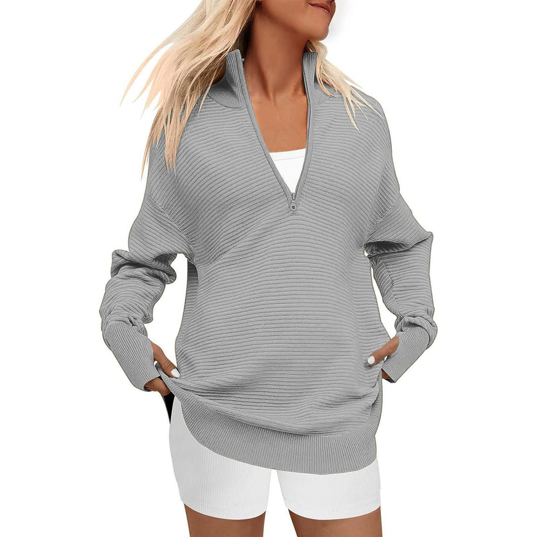 Damen Oversized Pullover mit Stehkragen und Reißverschluss Heidi-Mode
