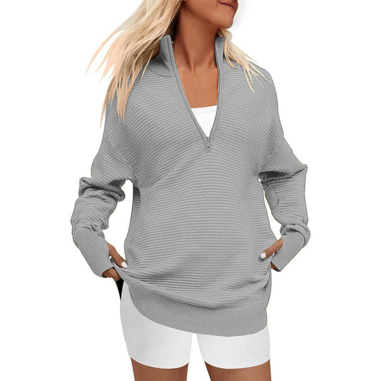 Damen Oversized Pullover mit Stehkragen und Reißverschluss Heidi-Mode