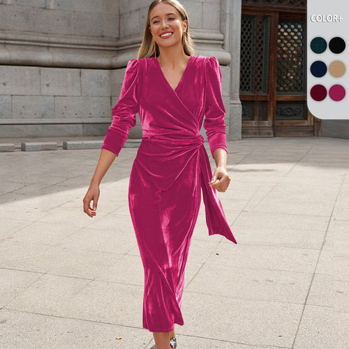 Damen Elegantes Wickelkleid mit Puffärmeln und Goldakzenten Heidi-Mode