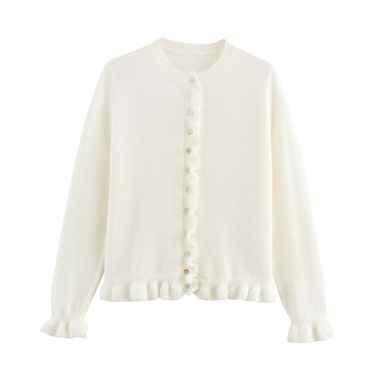 Damen Strickjacke mit dekorativem Rüschensaum und Knopfverschluss Heidi-Mode