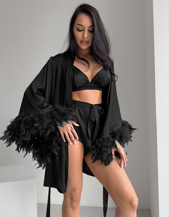 Damen Satin Kimono mit Federn Heidi-Mode