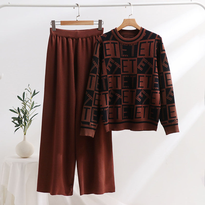 Damen lässiges Strick-Loungewear-Set mit grafischem Muster und weitem Schnitt Heidi-Mode