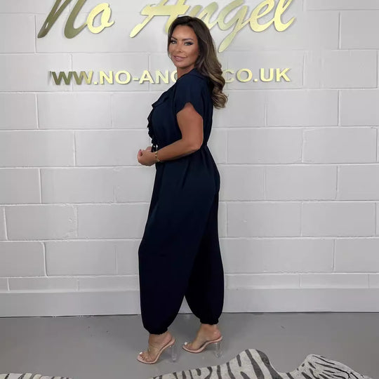Damen Jumpsuit mit Rüschendetails und Bindegürtel Heidi-Mode