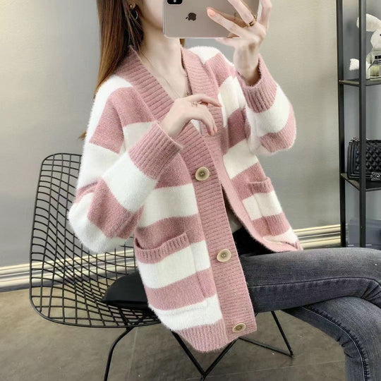 Damen Grobstrick-Cardigan mit Breton-Streifen und praktischen Taschen Heidi-Mode