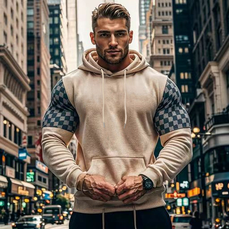 Herren Hoodie mit karierten Ärmeln und Kängurutasche Heidi-Mode