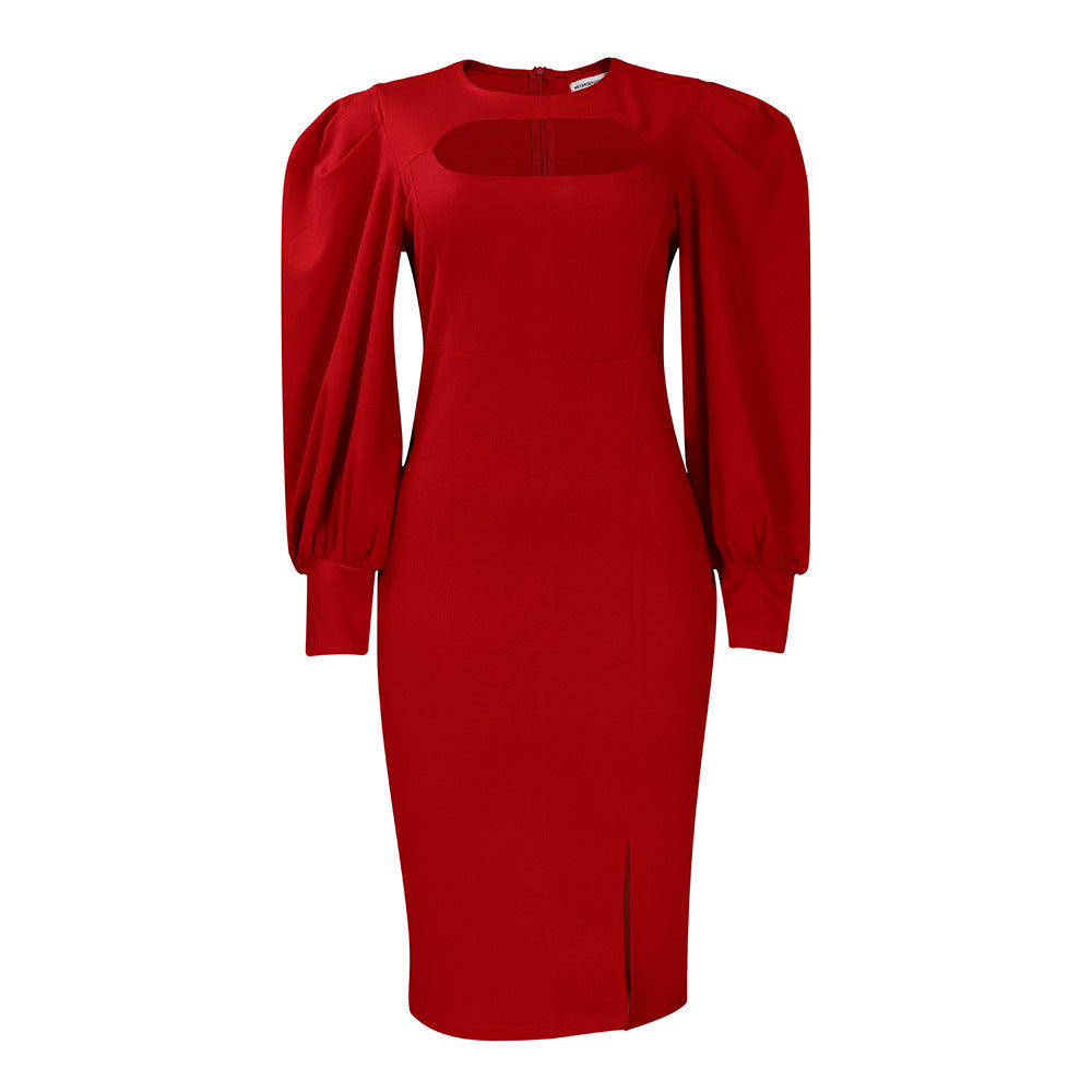 Damen Etuikleid mit angeschnittenen Puffärmeln und trendigem Cut-Out Heidi-Mode
