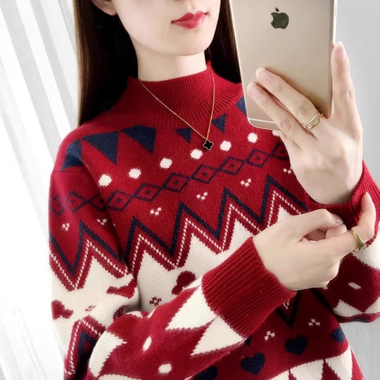 Damen festlicher Strickpullover im modernen Weihnachtsdesign mit geometrischem Muster und komfortablem Rundhalsausschnitt Heidi-Mode
