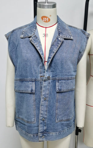 Heidi-Mode | Lässige Ärmellose Gebogene Kragen Knop Down Jeans Top Jacke