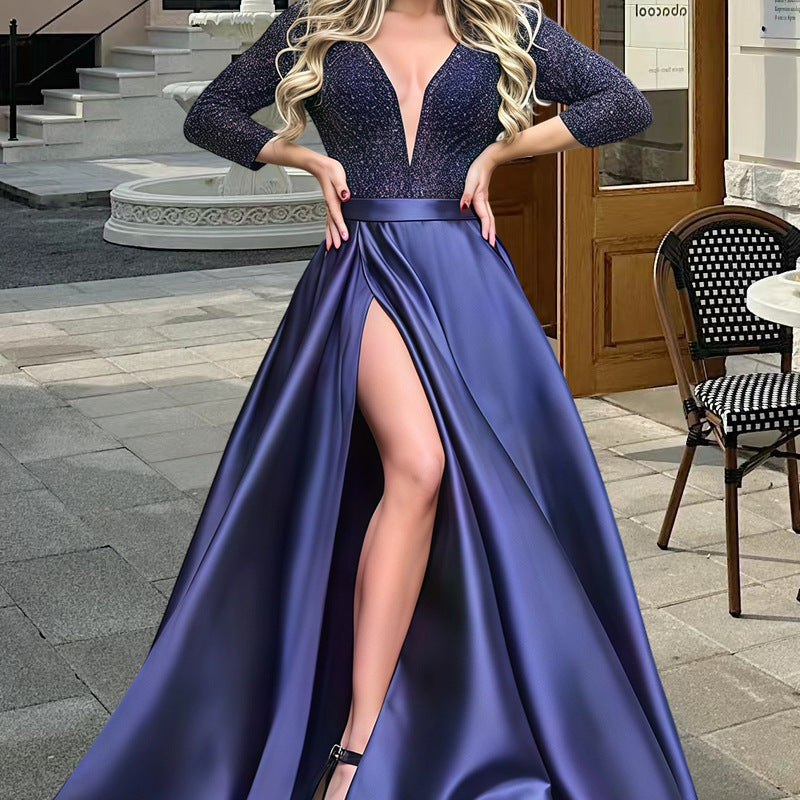 Damen Elegantes Abendkleid mit tiefem V-Ausschnitt und seitlichem Schlitz Heidi-Mode