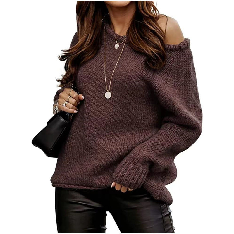 Damen lässiger Pullover mit offenem Schulterdesign und weichem Strick Heidi-Mode