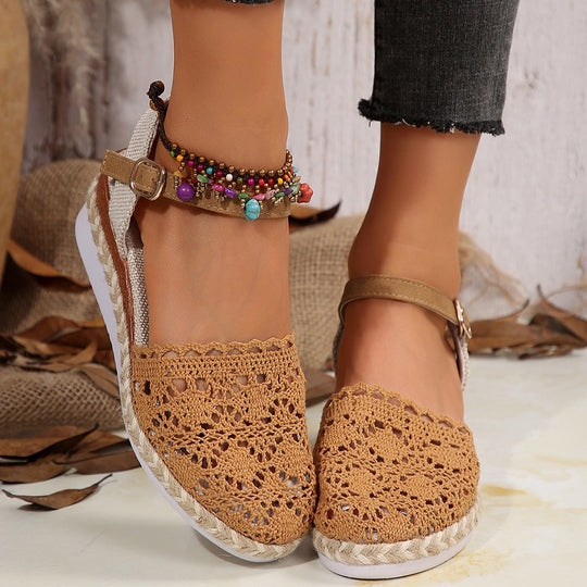Damen elegante Espadrilles mit handgefertigtem Häkel-Design und verstellbarem Knöchelriemen Heidi-Mode