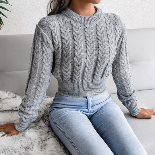 Damen Strickpullover im modernen Zopfmuster mit engem Bund Heidi-Mode
