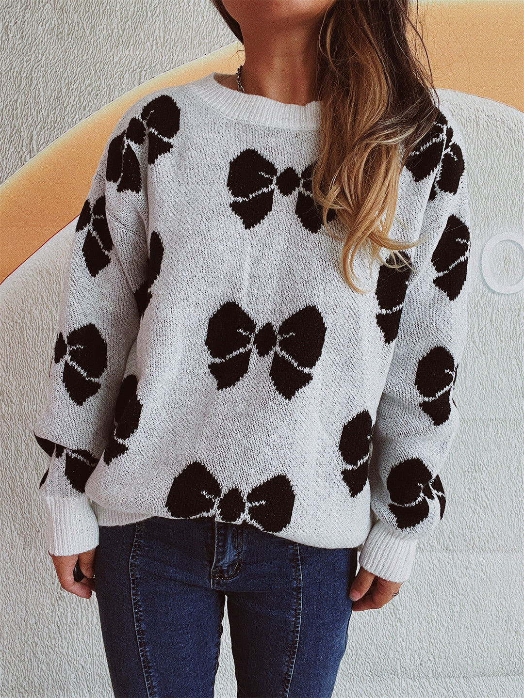 Damen lässiger Pullover mit verspieltem Schleifenmuster Heidi-Mode