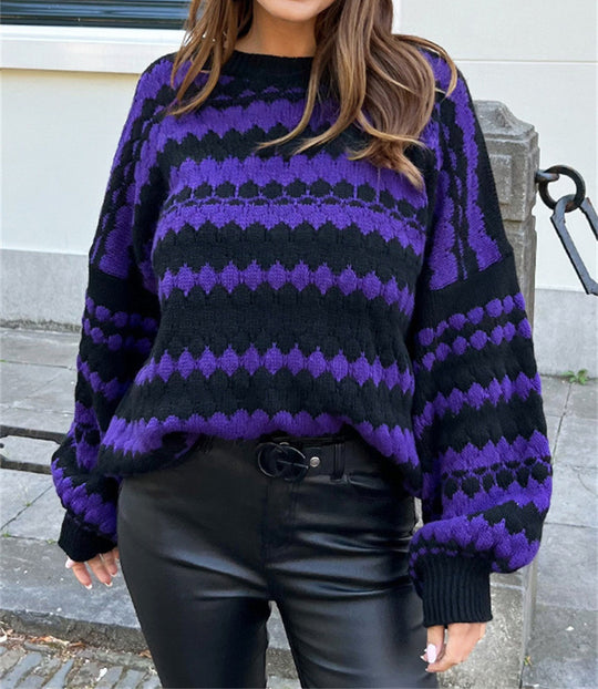 Damen gemütlicher Strickpullover mit modernem Zopfmuster und grafischen Akzenten Heidi-Mode