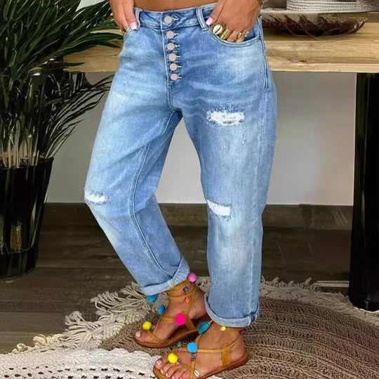 Damen Boyfriend Jeans mit Knopfleiste und distressed Effekten Heidi-Mode
