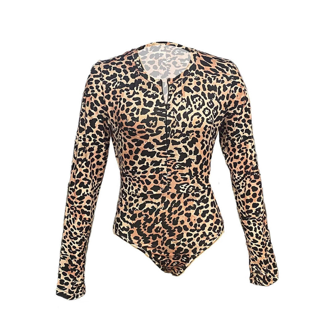 Damen Langärmliger Body mit Leo-Muster und tiefem Ausschnitt Heidi-Mode