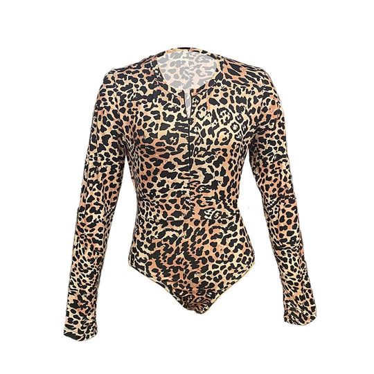 Damen Langärmliger Body mit Leo-Muster und tiefem Ausschnitt Heidi-Mode