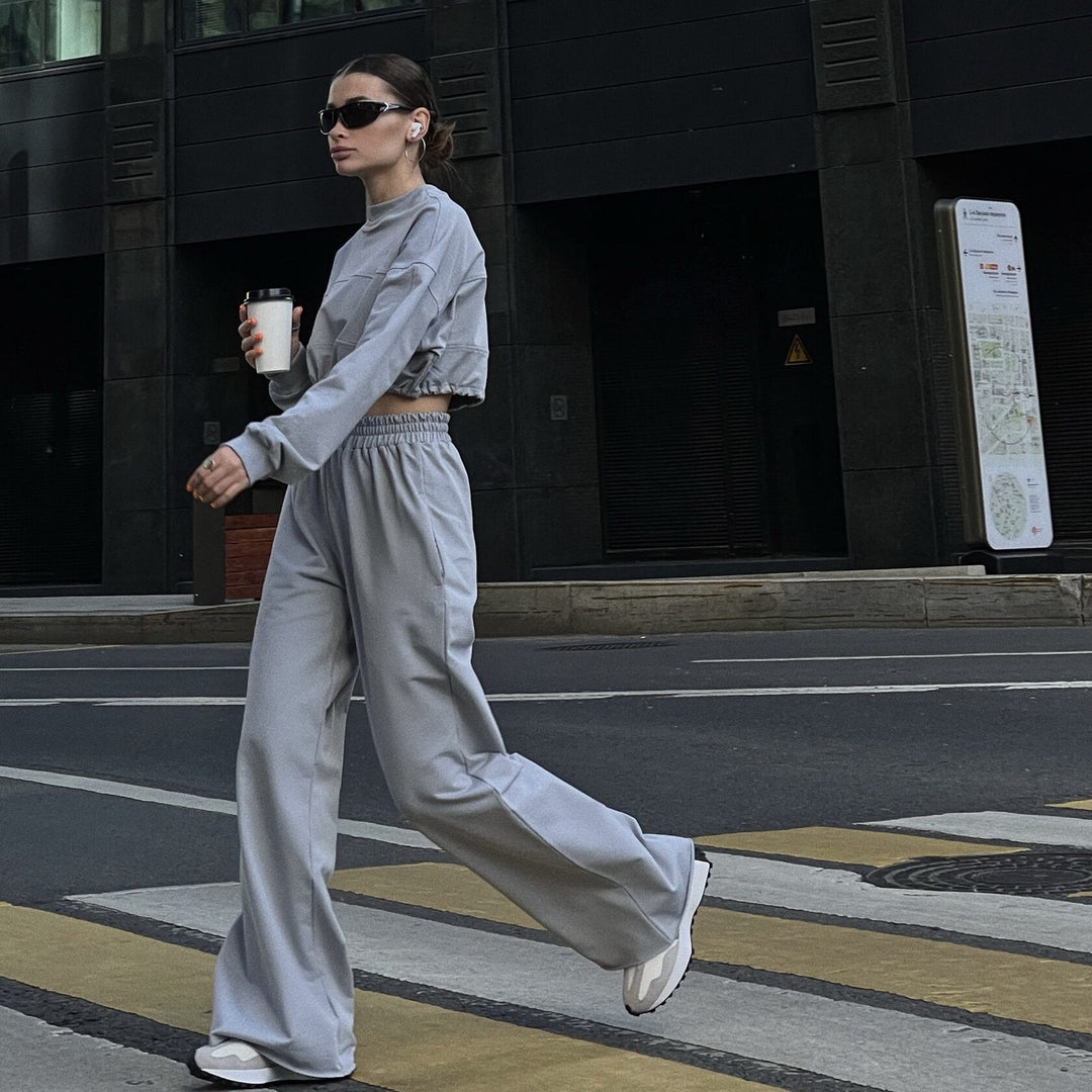 Damen Sportliches Crop-Set aus weichem Material mit elastischem Bund Heidi-Mode