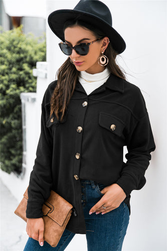 Damen oversize Blusenjacke aus weichem Fleece mit Knopfleiste und Brusttaschen Heidi-Mode