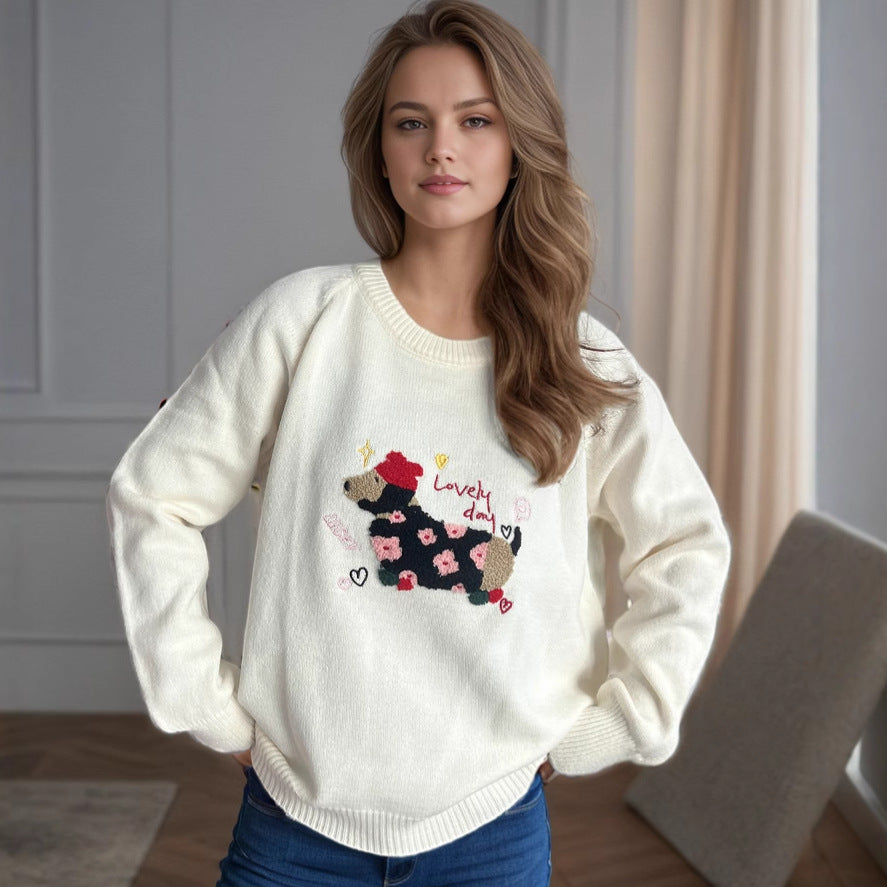Damen Pullover mit tierischem Motiv und dekorativen Stickereien Heidi-Mode