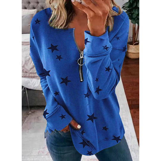 Damen Lässiger Sweatshirt mit Reißverschluss und Sternenmotiv Heidi-Mode