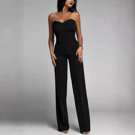 Damen schulterfreier Jumpsuit mit elegantem Herz-Ausschnitt und weitem Bein Heidi-Mode
