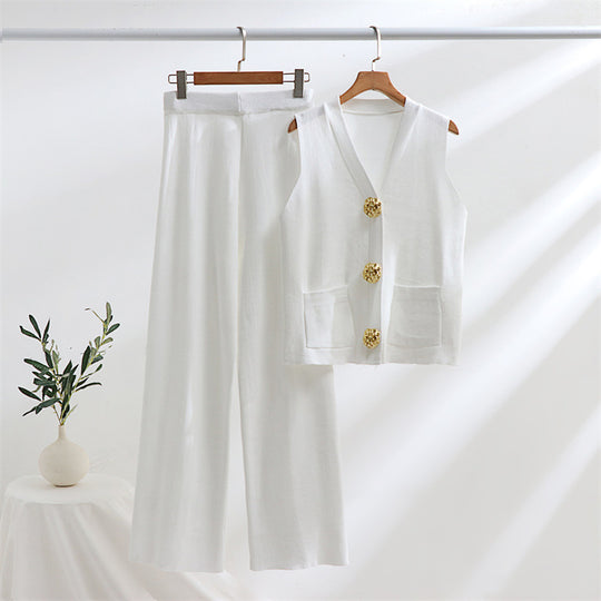 Damen elegantes Strick-Loungewear-Set mit Knopfdetaillierung Heidi-Mode
