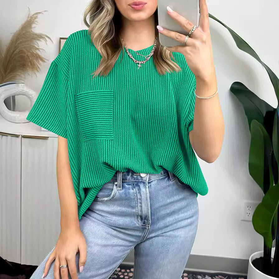 Damen lässiges T-Shirt mit strukturierter Textur und praktischer Brusttasche Heidi-Mode