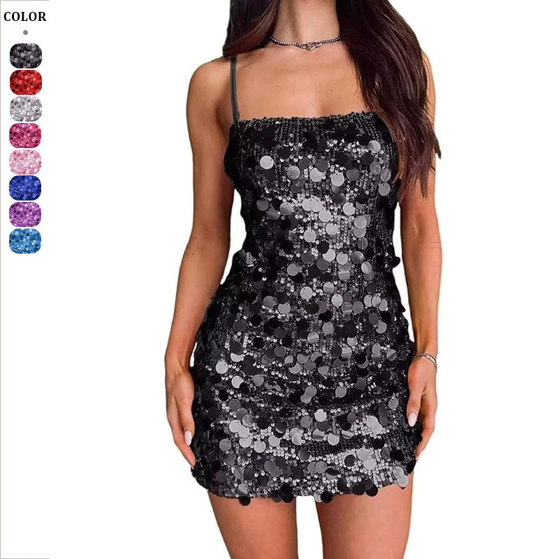 Damen Sexy Minikleid mit funkelnden Pailletten und schmalen Trägern Heidi-Mode