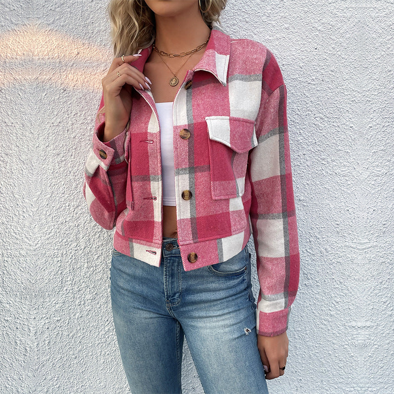 Damen Karierte Denimjacke mit Knöpfen und Brusttaschen Heidi-Mode