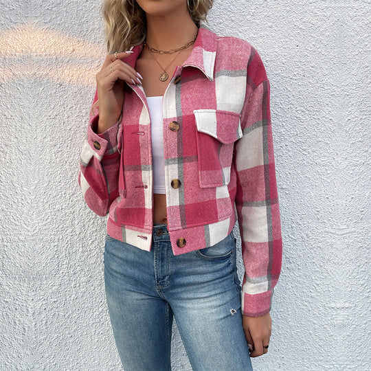 Damen Karierte Denimjacke mit Knöpfen und Brusttaschen Heidi-Mode