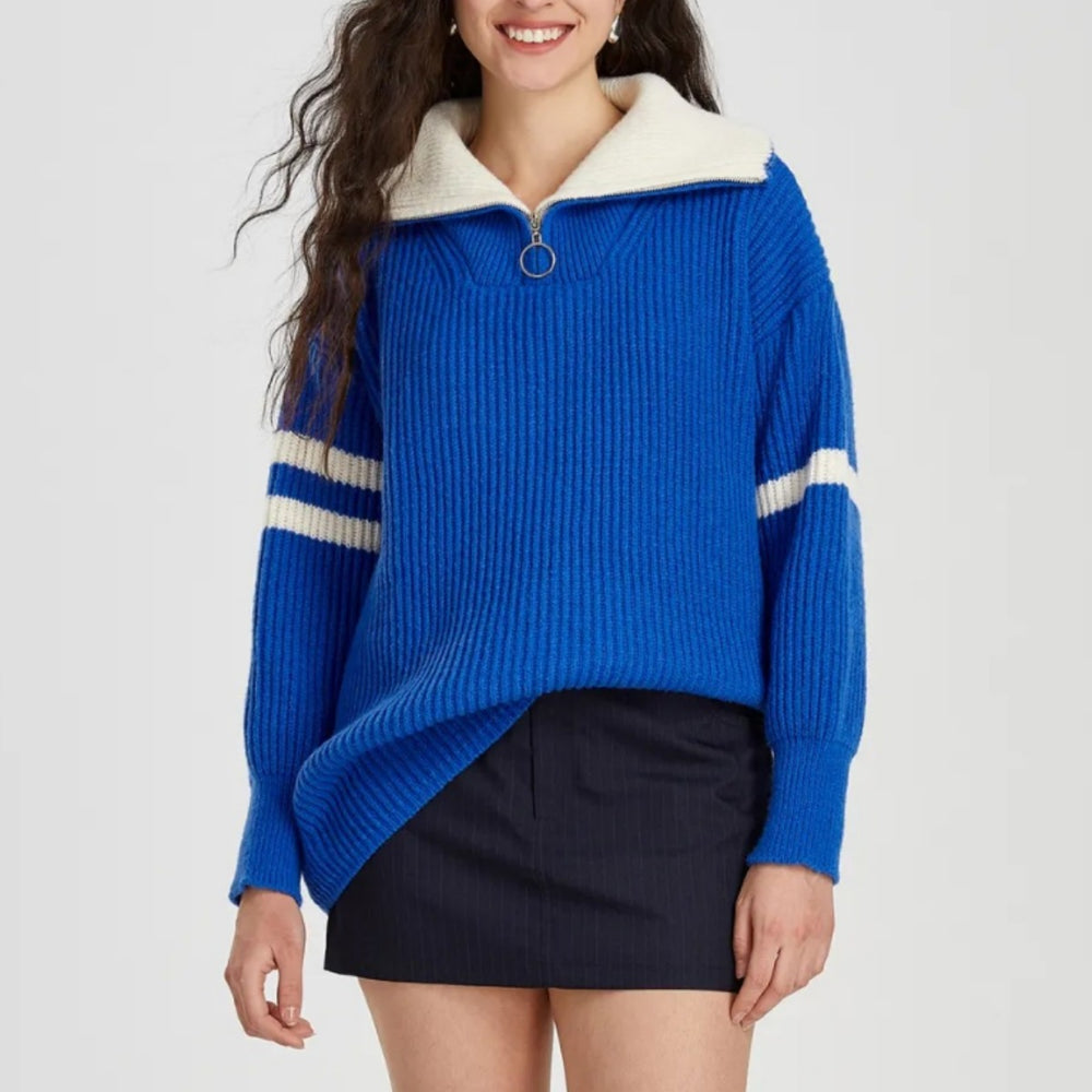 Damen lässiger Pullover im sportlichen Stil mit Stehkragen und Reißverschluss Heidi-Mode
