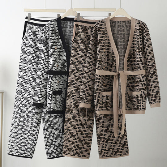 Damen lässiges Strick-Loungewear-Set mit geometrischem Muster Heidi-Mode