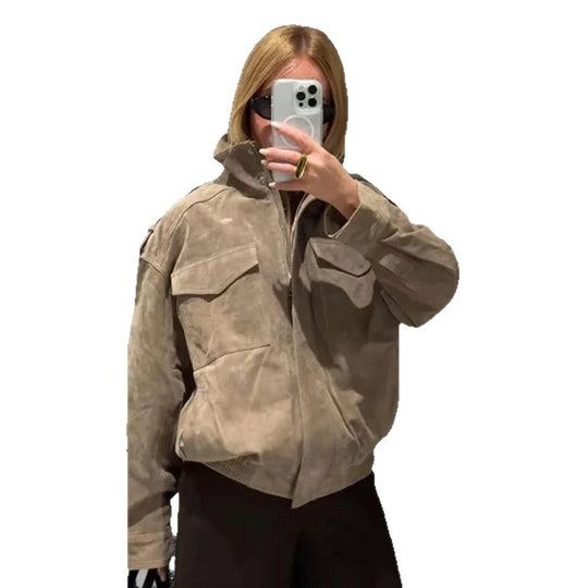 Damen Modische Oversized-Wildlederjacke mit praktischen Taschen und hohem Kragen Heidi-Mode