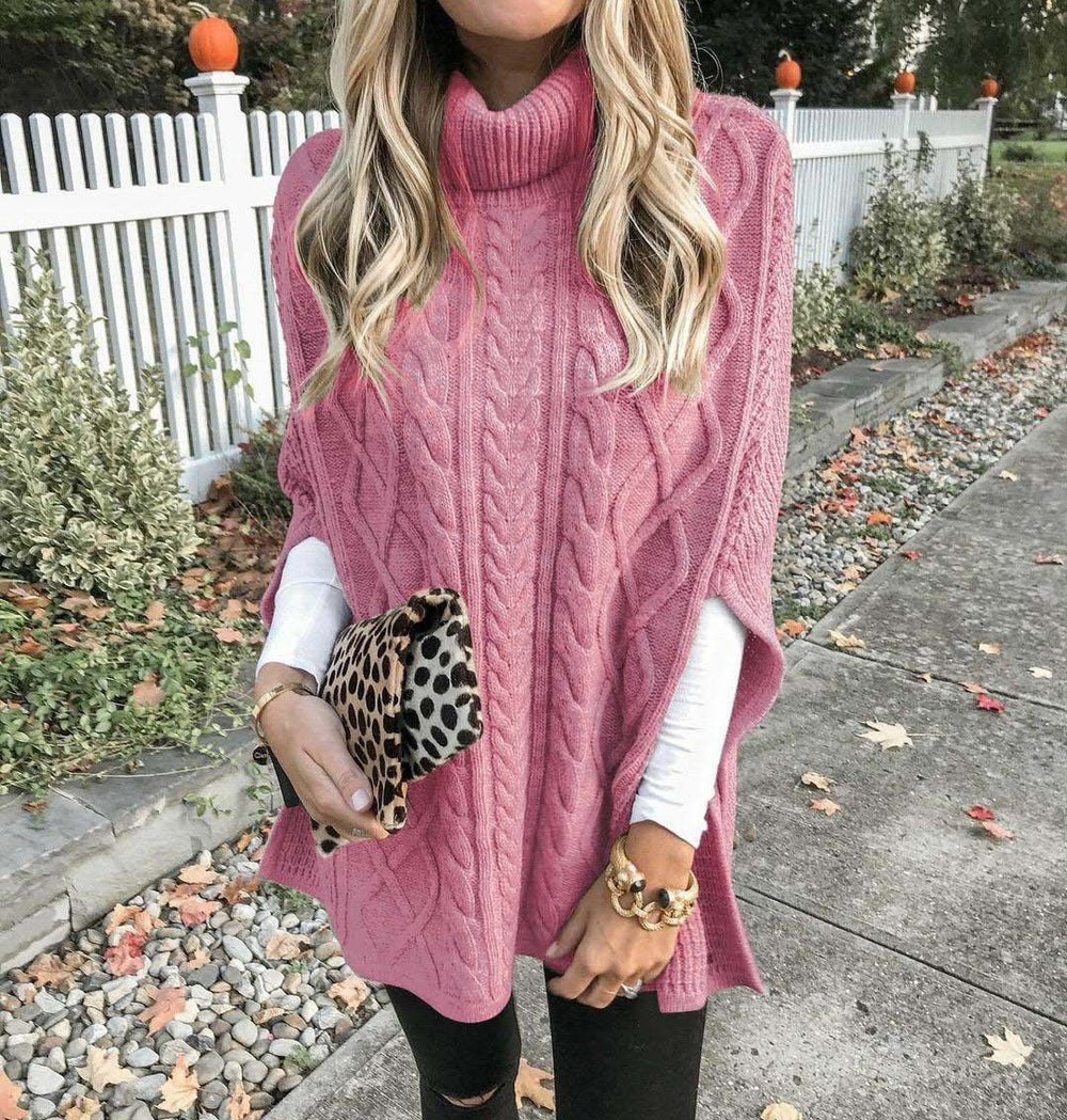 Damen Kuschelponcho mit hohem Kragen und Zopfmuster Heidi-Mode