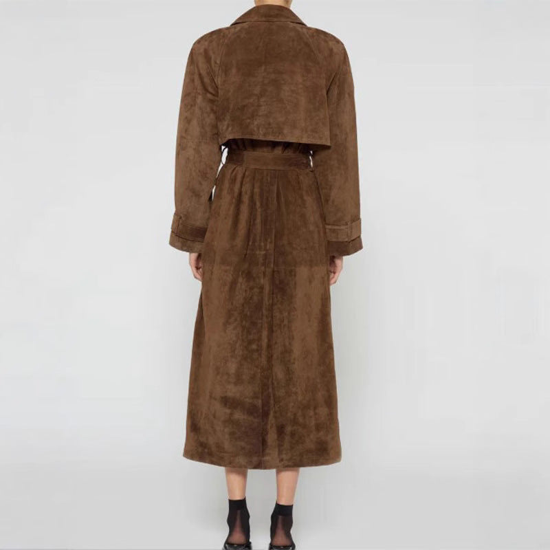 Damen eleganter und taillierter Wildleder-Trenchcoat mit Gürtel Heidi-Mode