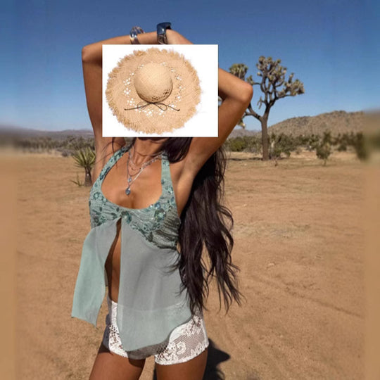 Damen Trendiges Strandtop mit transparentem Stoff und Spitze Heidi-Mode