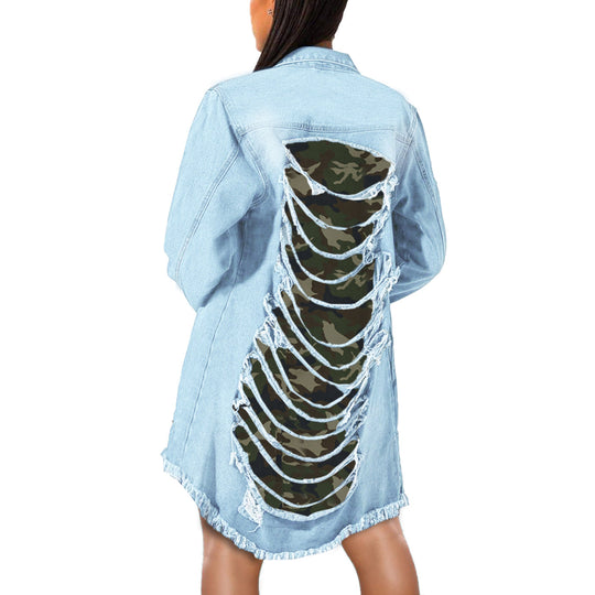 Heidi-Mode | Lange Zerrissene Jeansjacke mit Camouflage-Muster