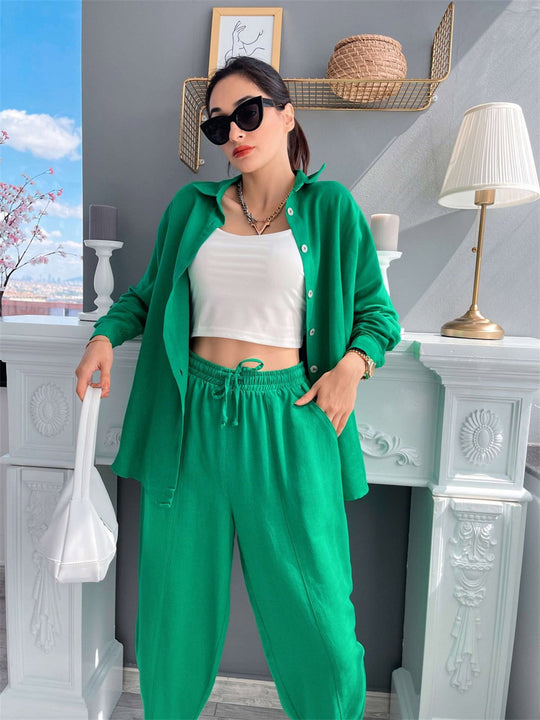 Damen lässiges Freizeit-Set mit übergroßem Hemd und weiten Hosen Heidi-Mode