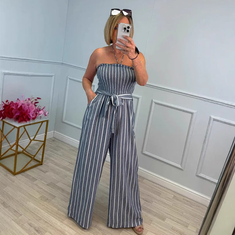 Damen Eleganter Jumpsuit mit gestreiftem Design und Gürtel Heidi-Mode