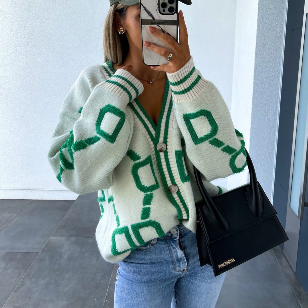 Damen lässiger Strickcardigan mit geometrischem Muster und Knopfverschluss Heidi-Mode