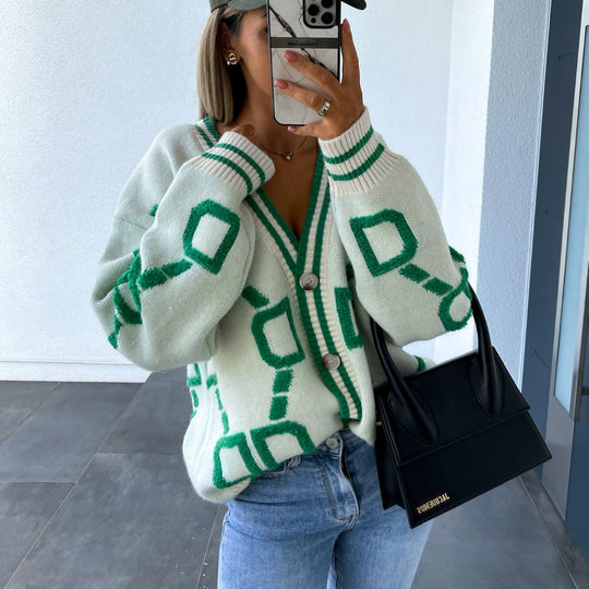 Damen lässiger Strickcardigan mit geometrischem Muster und Knopfverschluss Heidi-Mode