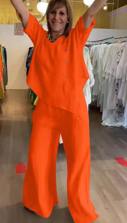 Damen luftiges Zweiteiler-Set mit asymmetrischem Oberteil und weit geschnittenen Hosen Heidi-Mode