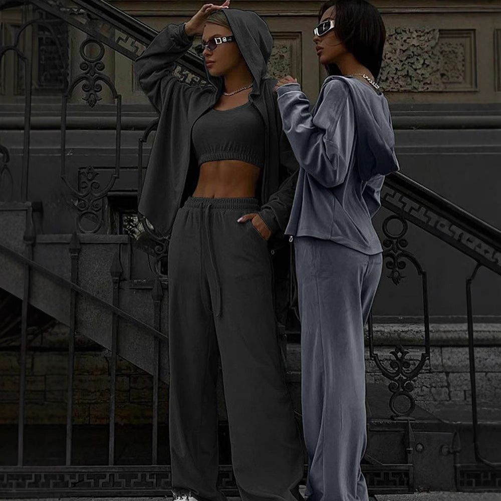 Damen lässiges Sport-Set mit hochtaillierten Hosen und cropped Oberteil Heidi-Mode