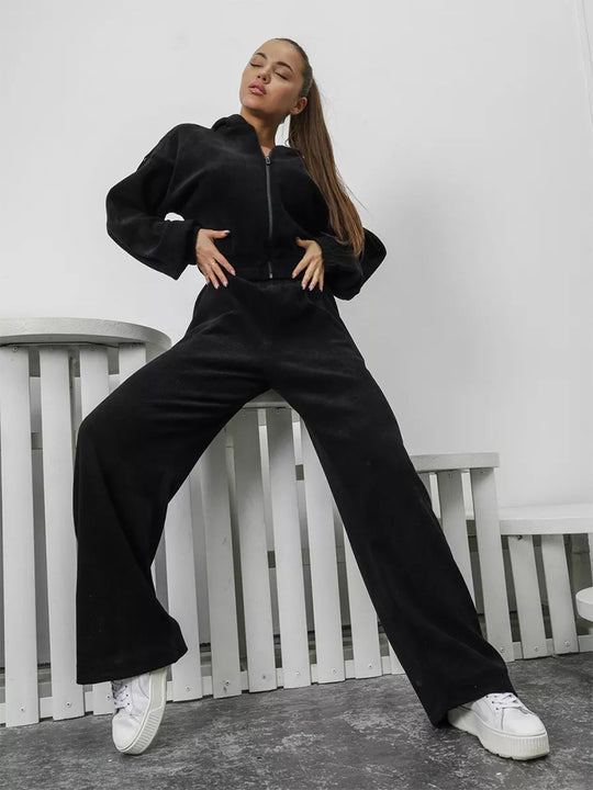 Damen Thermo Fleece Trainingsanzug mit Kapuze und weitem Bein Heidi-Mode