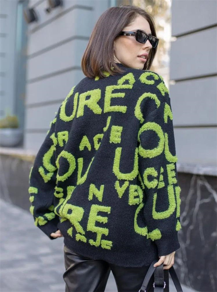 Damen Oversized Strickpullover mit auffälligem Schriftzug und lässiger Passform Heidi-Mode