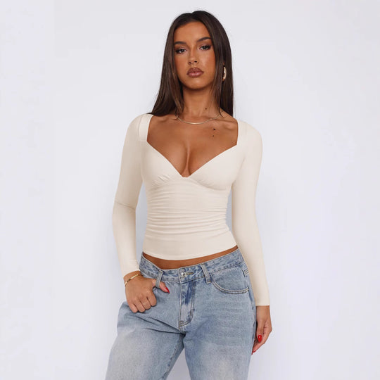 Damen figurbetontes Langarmoberteil mit V-Ausschnitt und Raffungen Heidi-Mode